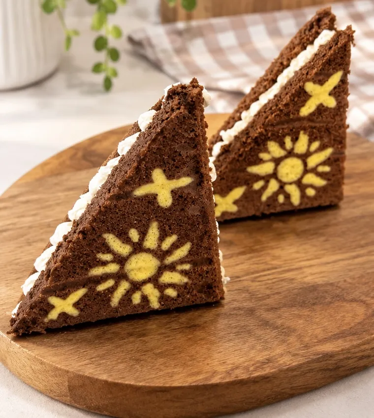 Two chocolate cake sandwiches with yellow sun and star designs baked into the cake.