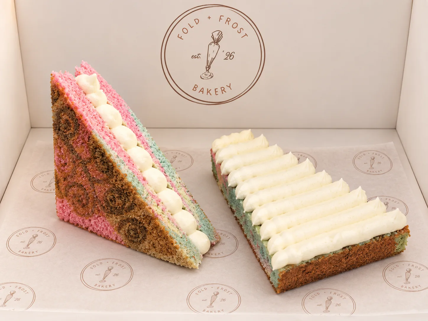 Two Fold & Frost cake sandwiches in a branded box: pink and blue butter cake with a swirl pattern baked in, topped and filled with piped ermine frosting.