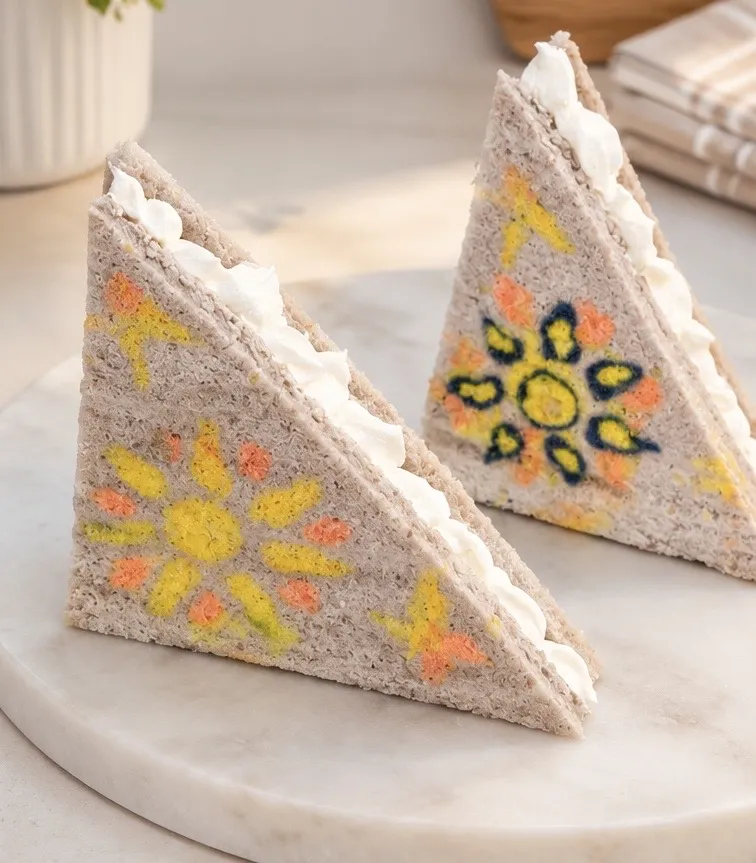 Two vanilla cake sandwiches with yellow and orange sun designs baked into the cake.